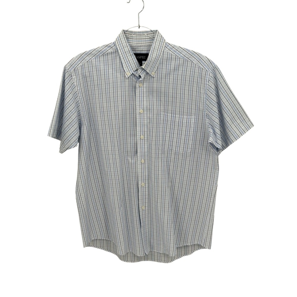 Haspel Shirt Mens Large 16 Blue White Plaid Short Sleeve Button Up Cotton Casual